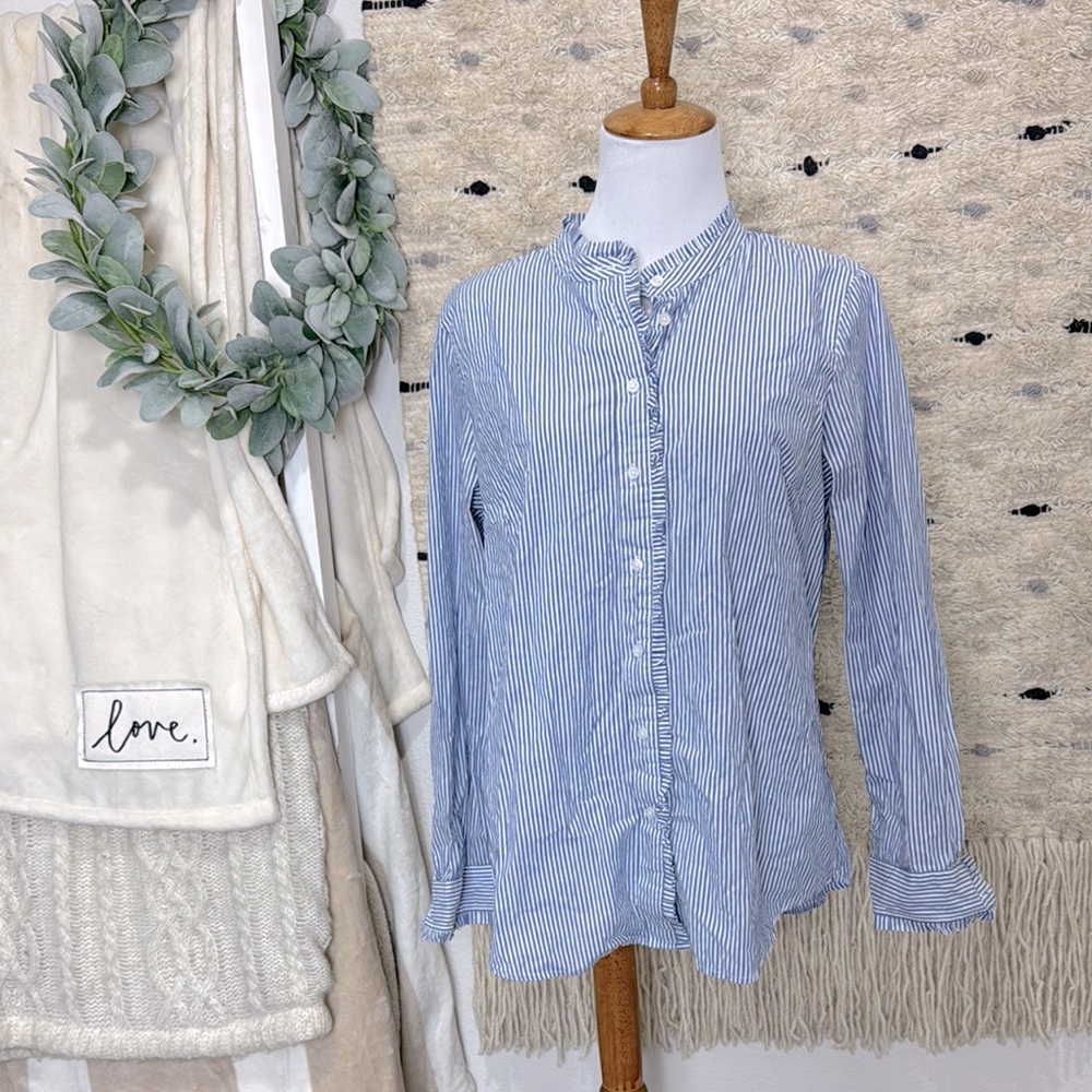 NWOT Talbots BAND COLLAR BLOUSE - blue and white stripes size M